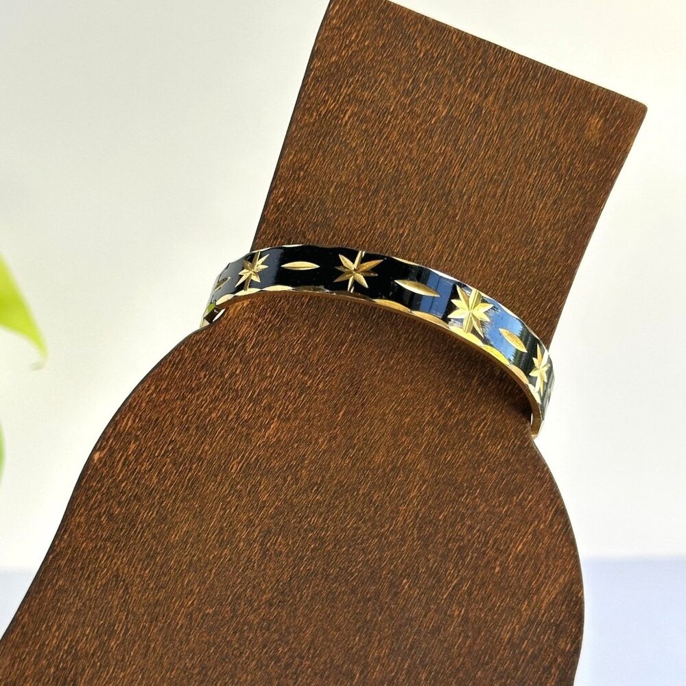 Black & Gold Enameled Hinged Bracelet with Star Etching and Safety Chain 7" - Picture 2 of 9